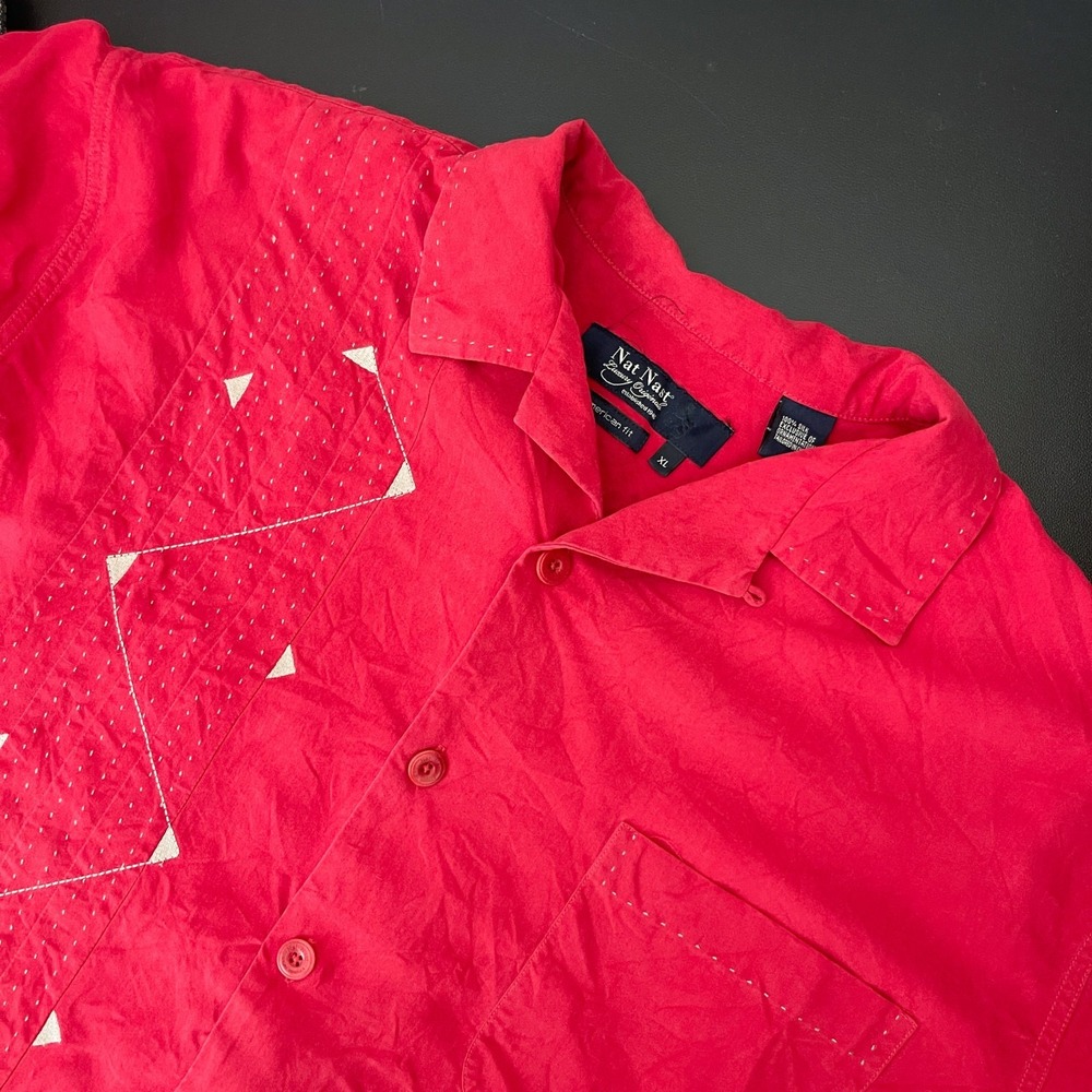 Nat Nast Silk Shirt Mens XL Red American Fit Button Up Rockabilly Bowling Retro
